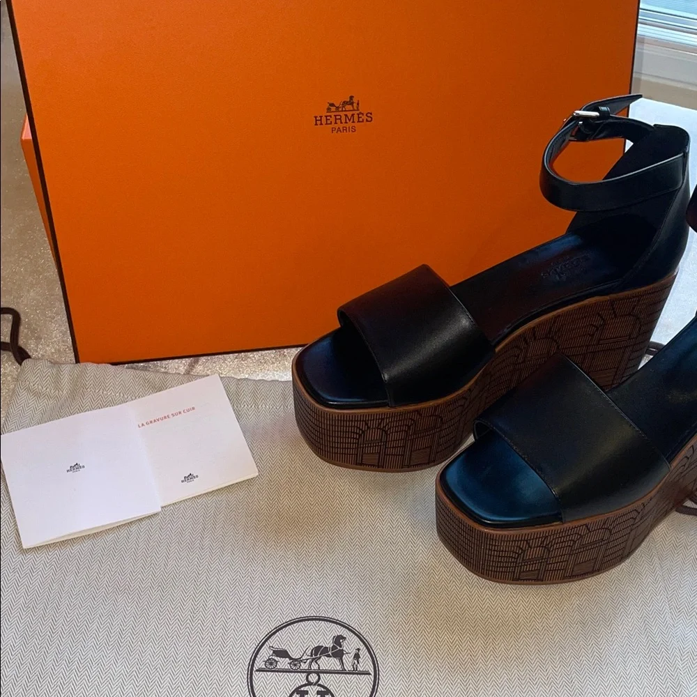 Hermes sandals femme illusion 35 Black Leather Ankle-Strap Platform Wedge - Picture 10 of 13